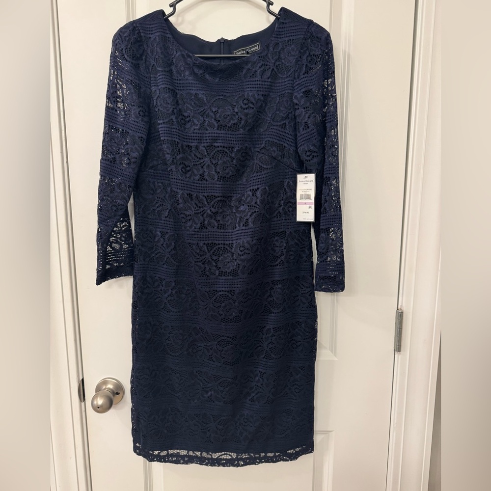 NWT Jessica Howard Missy Lace Sheath Dress size: 6 Navy w/ back zip